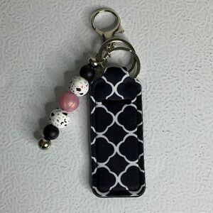 Black and White Patterned Keychain with Beaded Accent